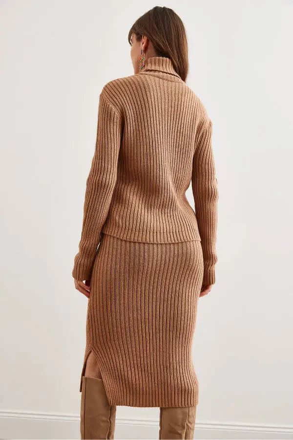 Women's Camel Geometric Textured Skirt and Knitwear Set TKM-19000325 - 8