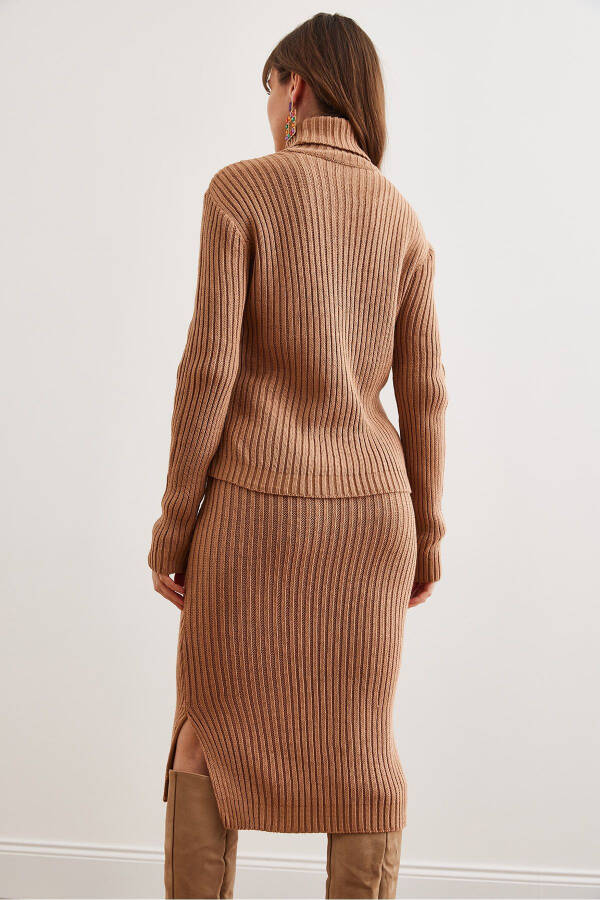 Women's Camel Geometric Textured Skirt and Knitwear Set TKM-19000325 - 8