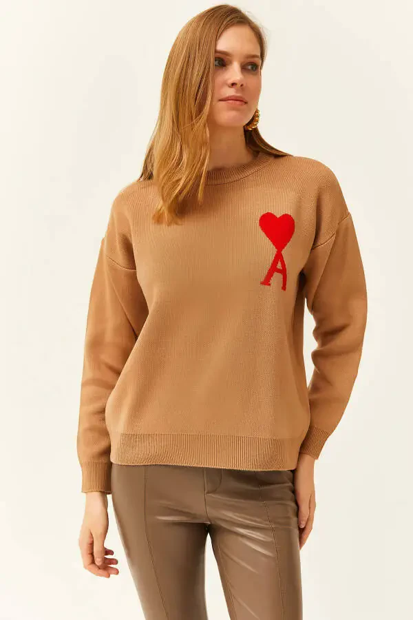 Women's Camel Heart Detailed Knitted Sweater KZK-19000735 - 1