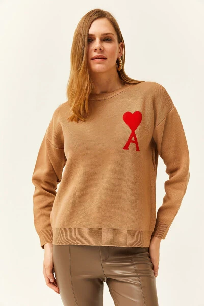 Women's Camel Heart Detailed Knitted Sweater KZK-19000735 - OLALOOK (1)