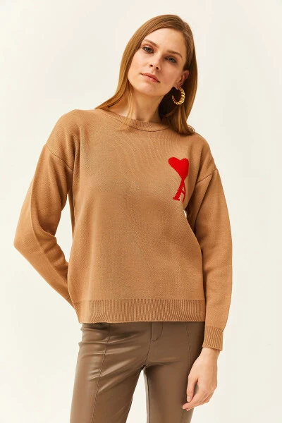 Women's Camel Heart Detailed Knitted Sweater KZK-19000735 - 3
