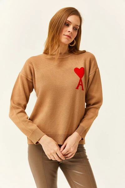 Women's Camel Heart Detailed Knitted Sweater KZK-19000735 - 4