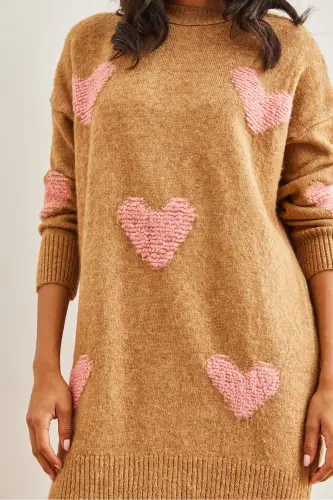 Women's Camel Heart Detailed Soft Textured Knitted Tunic - 6