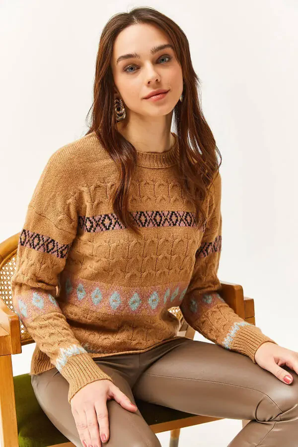 Women's Camel Houndstooth Stripe Soft Touch Knitwear Jumper KZK-19000790 - 2