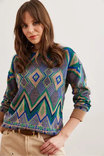 Women's Camel Kilim Pattern Knit Sweater KZK-19000869-Camel - 4