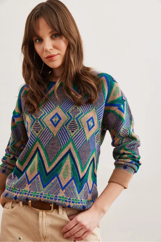 Women's Camel Kilim Pattern Knit Sweater KZK-19000869-Camel - 4