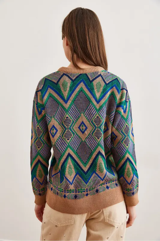 Women's Camel Kilim Pattern Knit Sweater KZK-19000869-Camel - 6