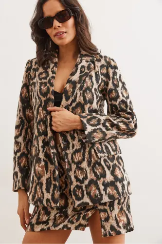 Women's Camel Leopard Flap Pocket Lined Wool Blend Blazer Jacket CKT-19000403-Camel Leopard - 4