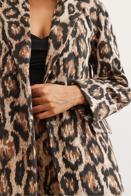 Women's Camel Leopard Flap Pocket Lined Wool Blend Blazer Jacket CKT-19000403-Camel Leopard - 5
