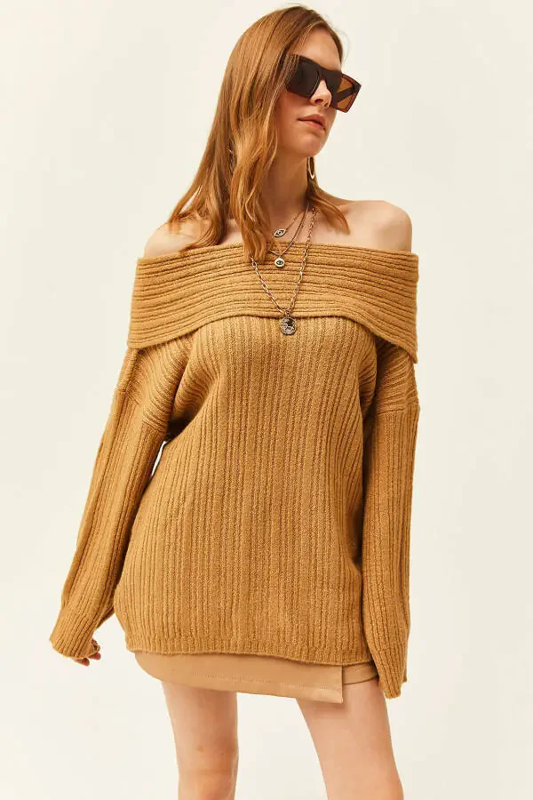 Women's Camel Madonna Collar Ribbed Loose Knit Sweater KZK-19000732 - 1