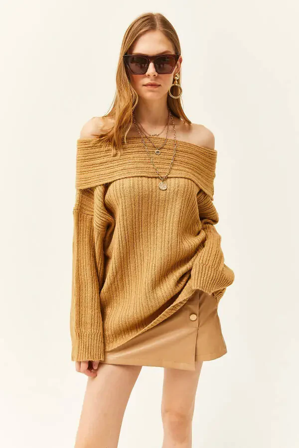 Women's Camel Madonna Collar Ribbed Loose Knit Sweater KZK-19000732 - 2