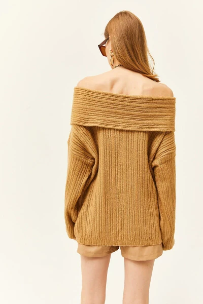 Women's Camel Madonna Collar Ribbed Loose Knit Sweater KZK-19000732 - 5