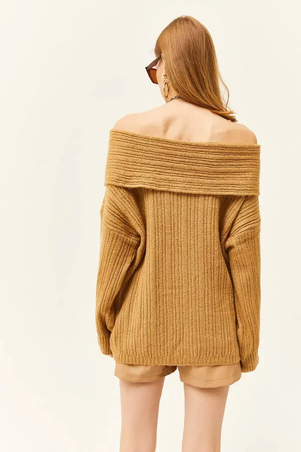 Women's Camel Madonna Collar Ribbed Loose Knit Sweater KZK-19000732 - 5