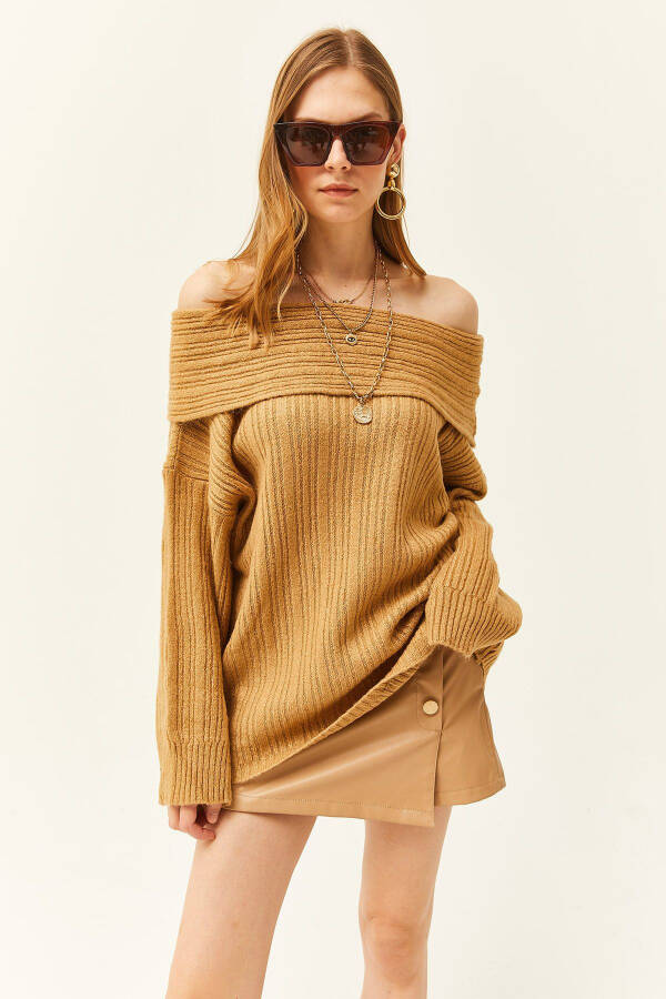 Women's Camel Madonna Collar Ribbed Loose Knit Sweater KZK-19000732 - 2