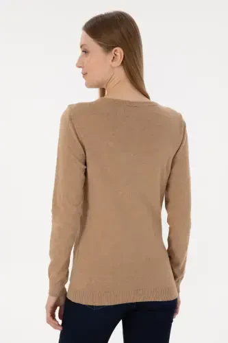 Women's Camel Melange V-Neck Basic Sweater 50251903-VR122-992434 - 2