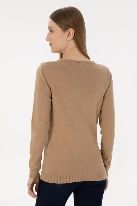 Women's Camel Melange V-Neck Basic Sweater 50251903-VR122-992434 - 2