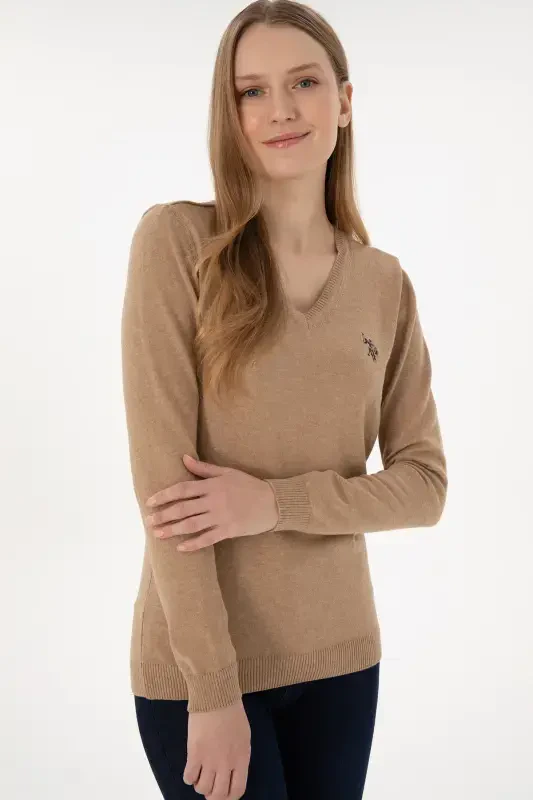 Women's Camel Melange V-Neck Basic Sweater 50251903-VR122-992434 - 4