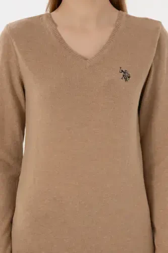 Women's Camel Melange V-Neck Basic Sweater 50251903-VR122-992434 - 6