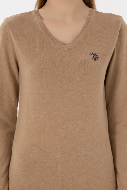 Women's Camel Melange V-Neck Basic Sweater 50251903-VR122-992434 - 6