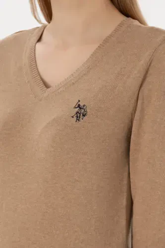 Women's Camel Melange V-Neck Basic Sweater 50251903-VR122-992434 - 7