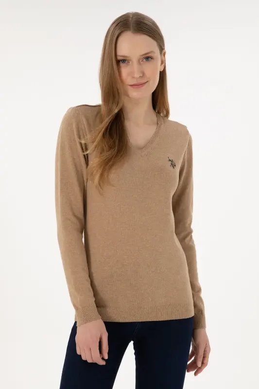 Women's Camel Melange V-Neck Basic Sweater 50251903-VR122-992434 - 1