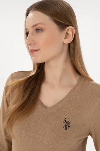 Women's Camel Melange V-Neck Basic Sweater 50251903-VR122-992434 - 3