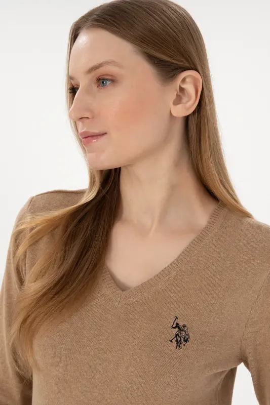 Women's Camel Melange V-Neck Basic Sweater 50251903-VR122-992434 - 3