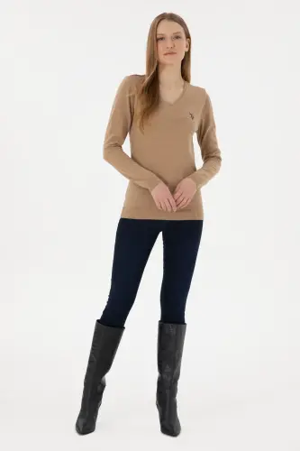 Women's Camel Melange V-Neck Basic Sweater 50251903-VR122-992434 - 5