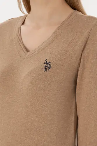 Women's Camel Melange V-Neck Basic Sweater 50251903-VR122-992434 - 7