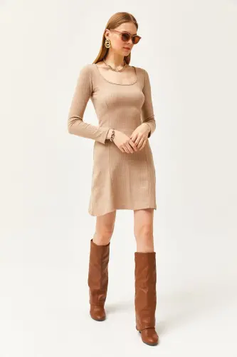 Women's Camel Mock Neck Paneled Mini Flared Dress ELB-19002053-Camel - 1