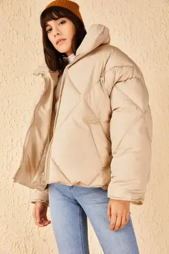 Women's Camel Oversize Padded Jacket 10191065-Camel - 3