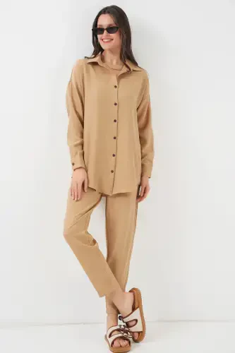 Women's Camel Oversize Relaxed Fit Linen Set-CAMEL - 3