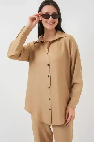 Women's Camel Oversize Relaxed Fit Linen Set-CAMEL - 4