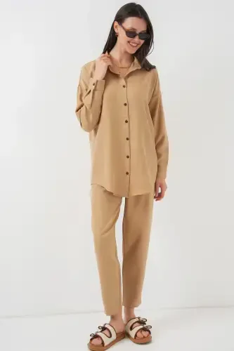 Women's Camel Oversize Relaxed Fit Linen Set-CAMEL - 5