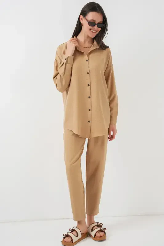Women's Camel Oversize Relaxed Fit Linen Set-CAMEL - 5