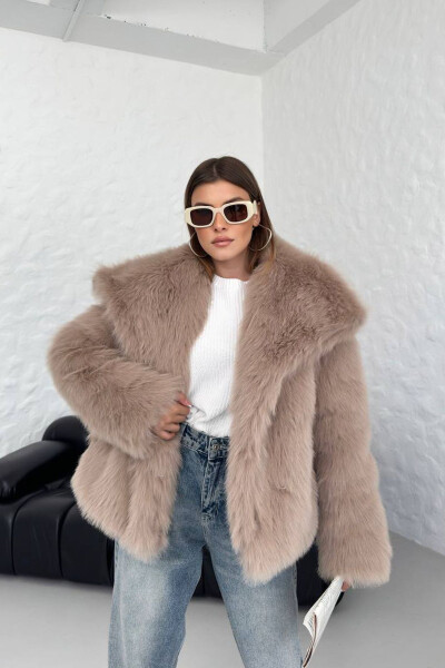 Women's Camel Oversize Snap Button Imported Fur Coat NBG037 - 2