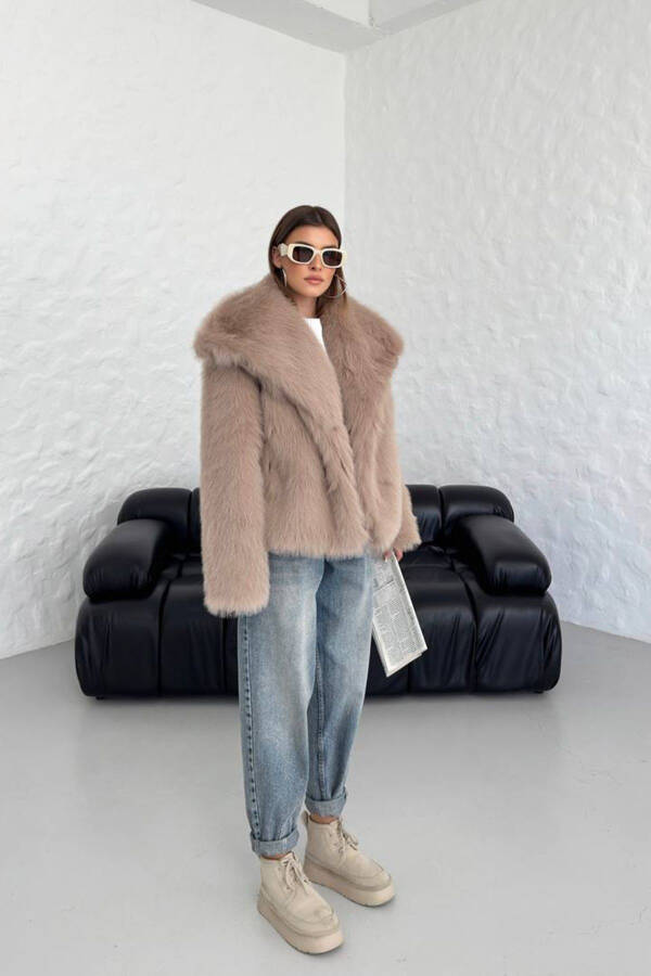 Women's Camel Oversize Snap Button Imported Fur Coat NBG037 - 4