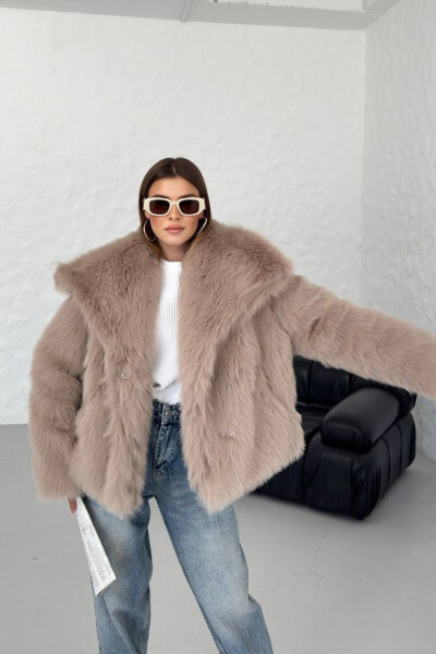 Women's Camel Oversize Snap Button Imported Fur Coat NBG037 - 6