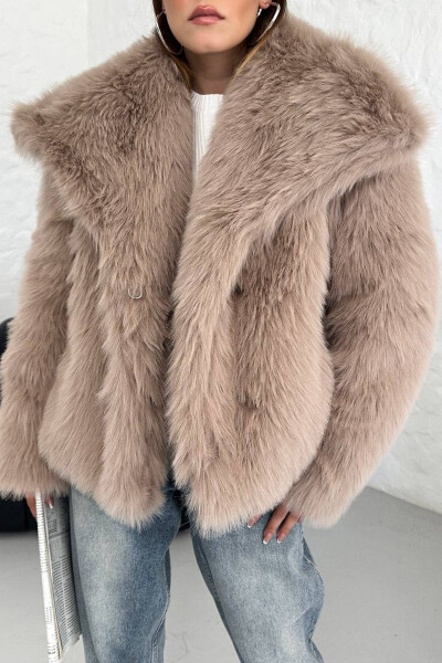 Women's Camel Oversize Snap Button Imported Fur Coat NBG037 - 7