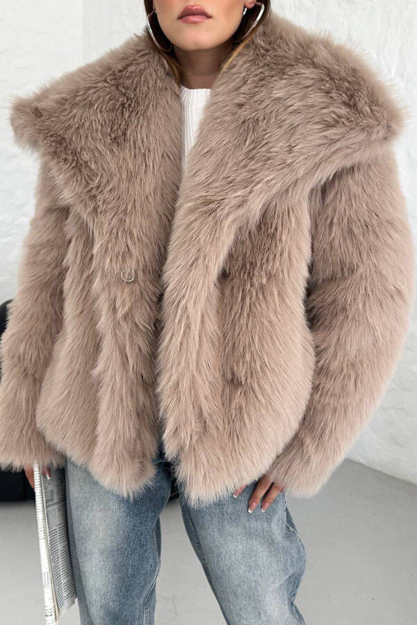 Women's Camel Oversize Snap Button Imported Fur Coat NBG037 - 7