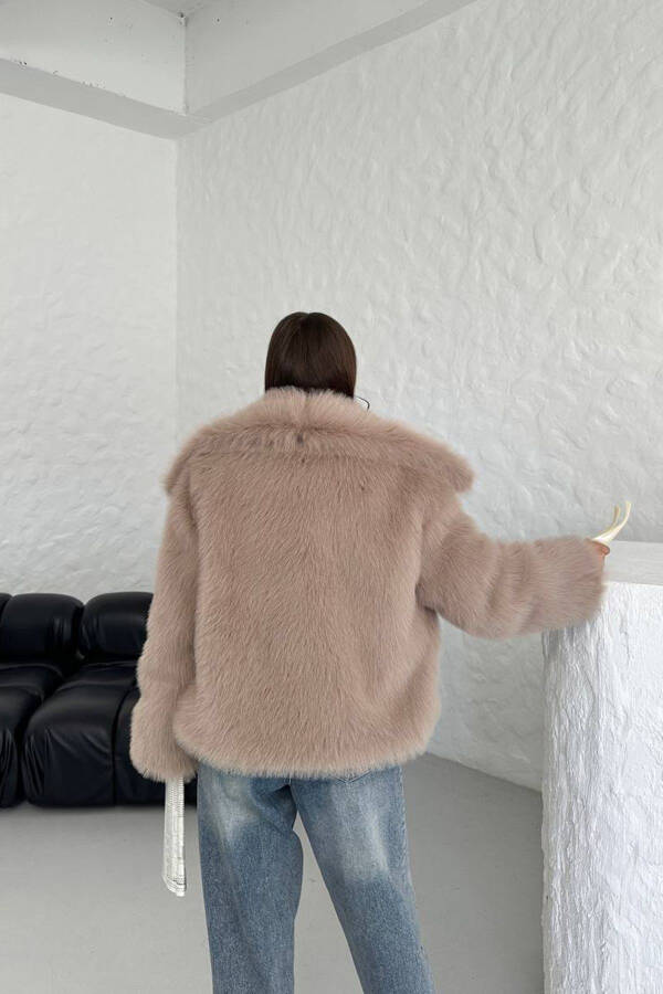 Women's Camel Oversize Snap Button Imported Fur Coat NBG037 - 8