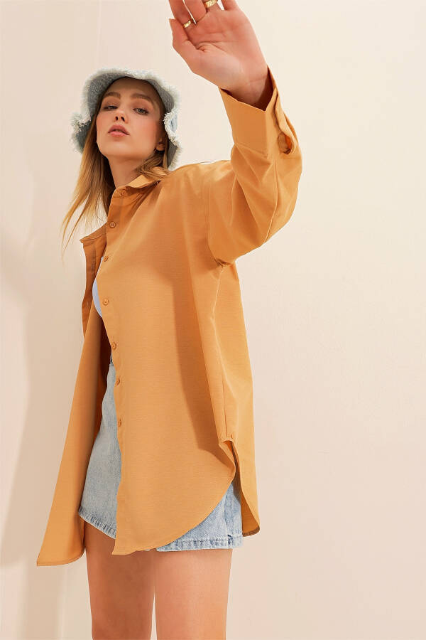 Women's Camel Oversized Long Woven Shirt ALC-X6828 - 1