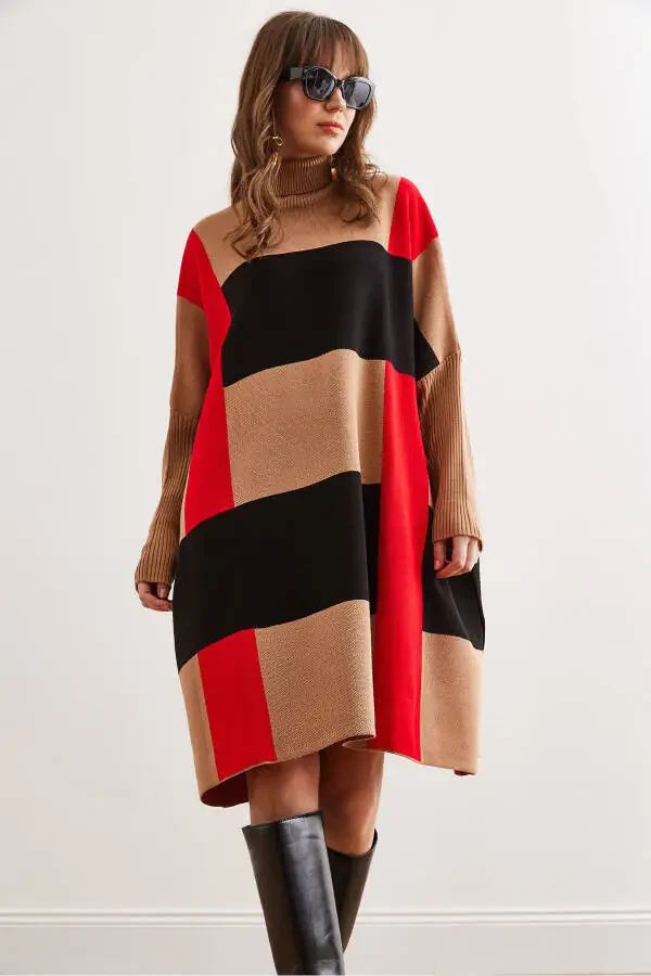 Women's Camel Plaid Thick Poncho Tunic Dress ELB-190 - 3