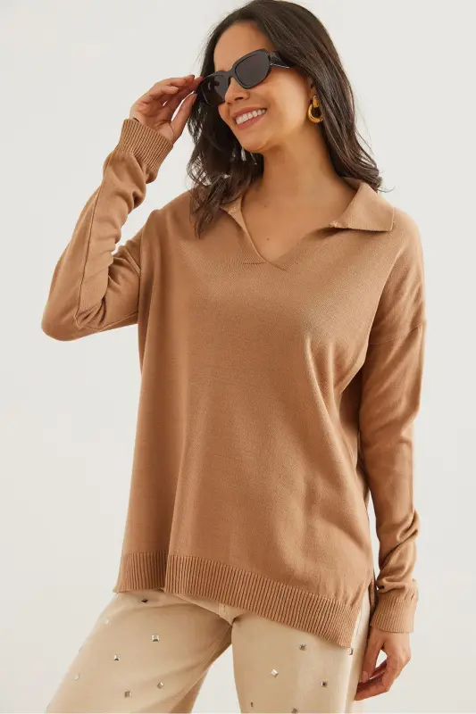 Women's Camel Polo Collar Basic Knit Sweater KZK-19000871-Camel - 1