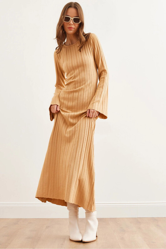Women's Camel Self-Belted Spanish Sleeve Maxi Dress - 1
