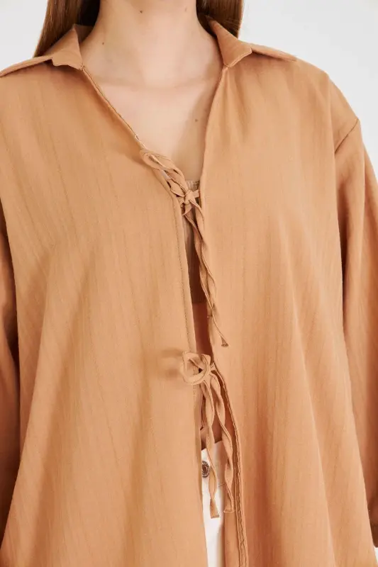 Women's Camel Shirt Collar Front Lace-up Kimono Shirt ARM-25K001006-Camel - 3