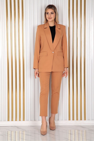 Women's Camel Single Button Blazer Carrot Pants Suit Dress Satin Fabric - 1