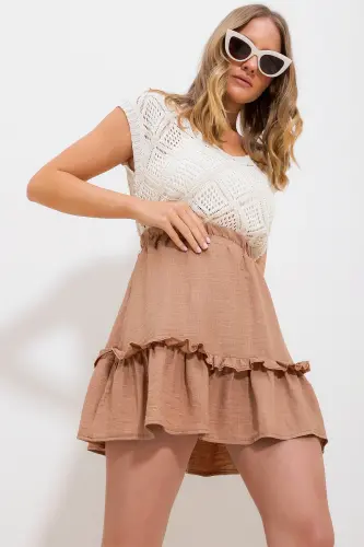 Women's Camel Skirt Ruffle Woven Linen Skirt Alc-X11714 - TREND ALAÇATI STILI (1)
