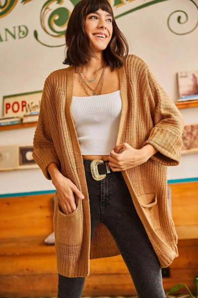 Women's Camel Sleeve Folded Pocket Loose Knit Cardigan HRK-19000123 - Olalook