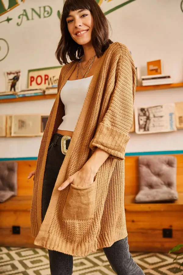 Women's Camel Sleeve Folded Pocket Loose Knit Cardigan HRK-19000123 - 2